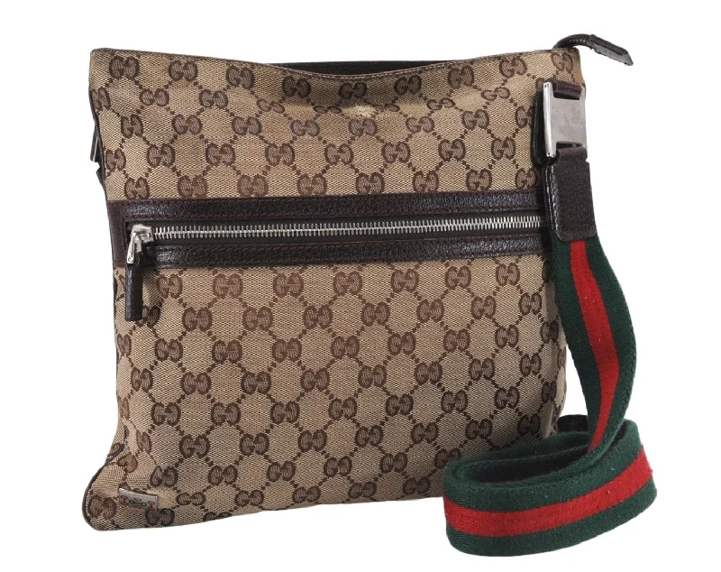 Women Gucci Sylvie bags featuring the signature web stripeGUCCI Web Sherry Line Horsebit Shoulder Bag Canvas Leather 145809 Brown 0216E